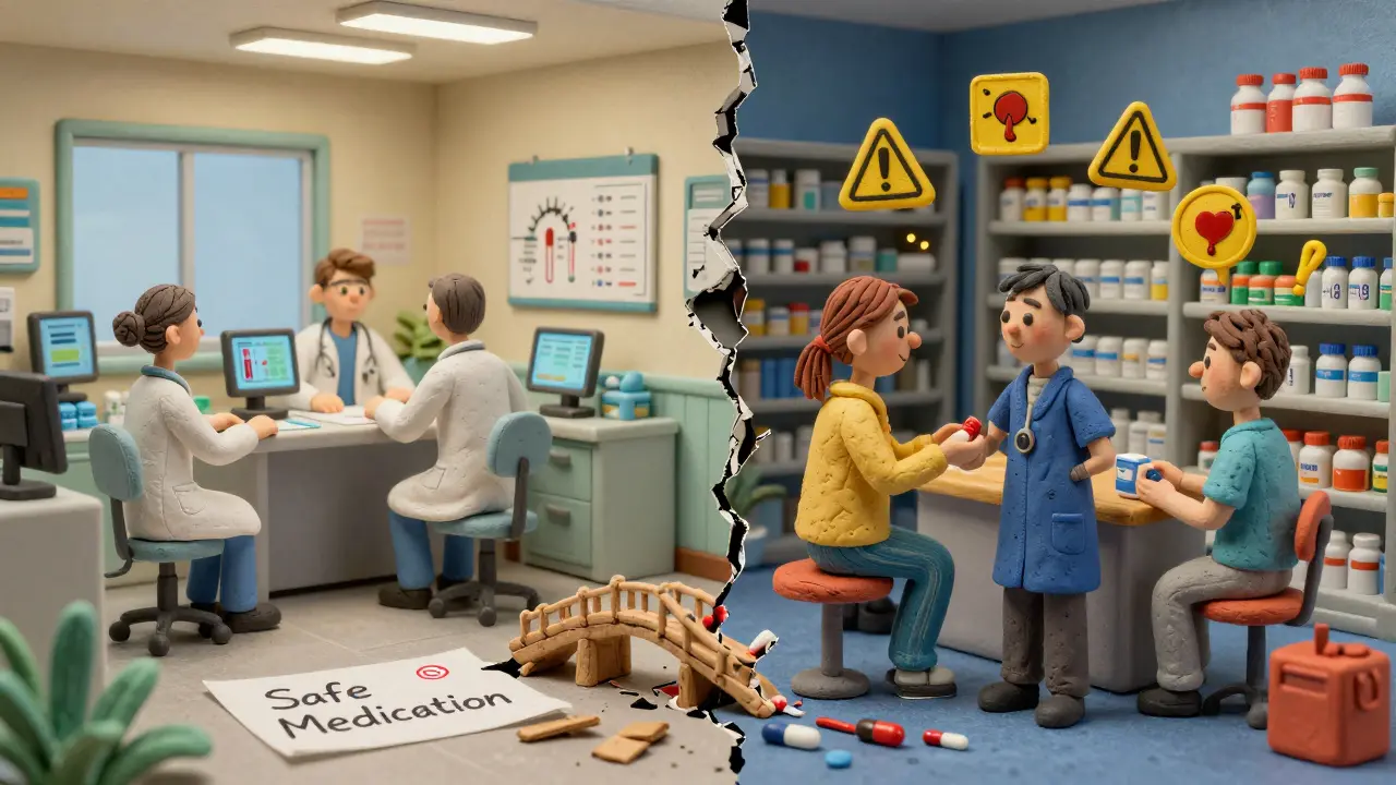 Divided medical system: organized clinic vs. chaotic pharmacy with broken bridge symbol.