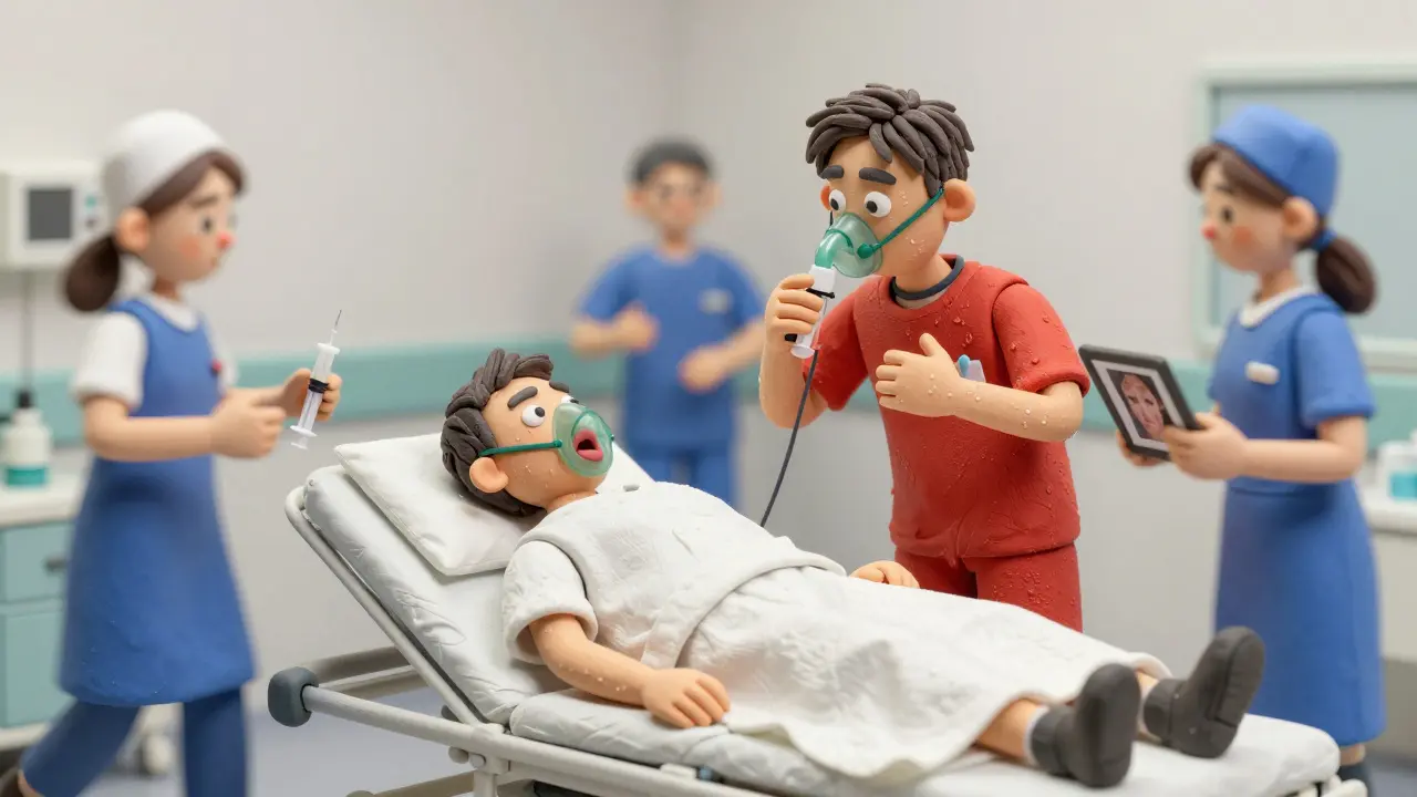 Emergency room staff treating a patient with severe allergic reaction and epinephrine.