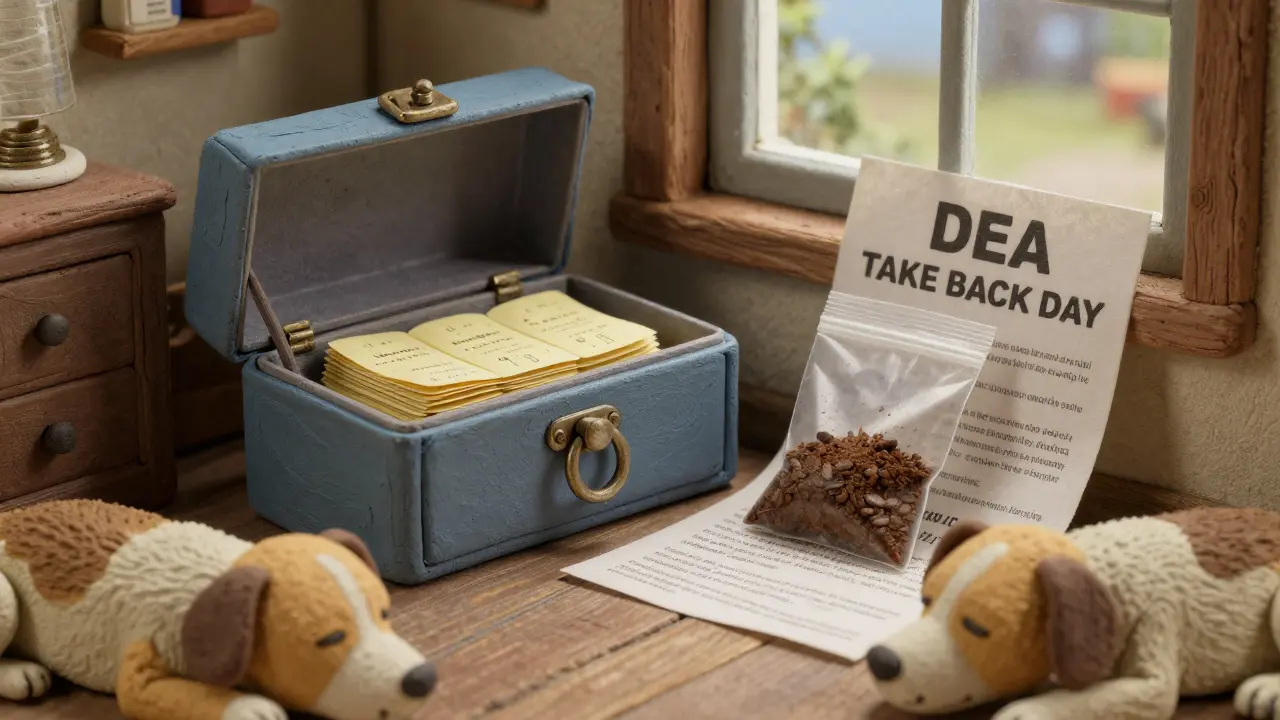 Expired patches sealed in a bag with coffee grounds inside a locked medicine box.