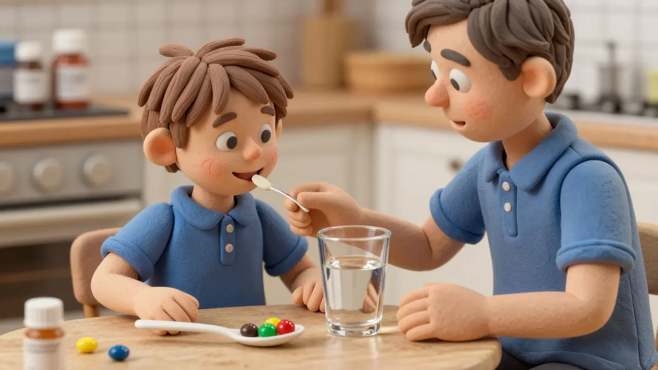 Family teaching child to swallow pills using small candies on a spoon