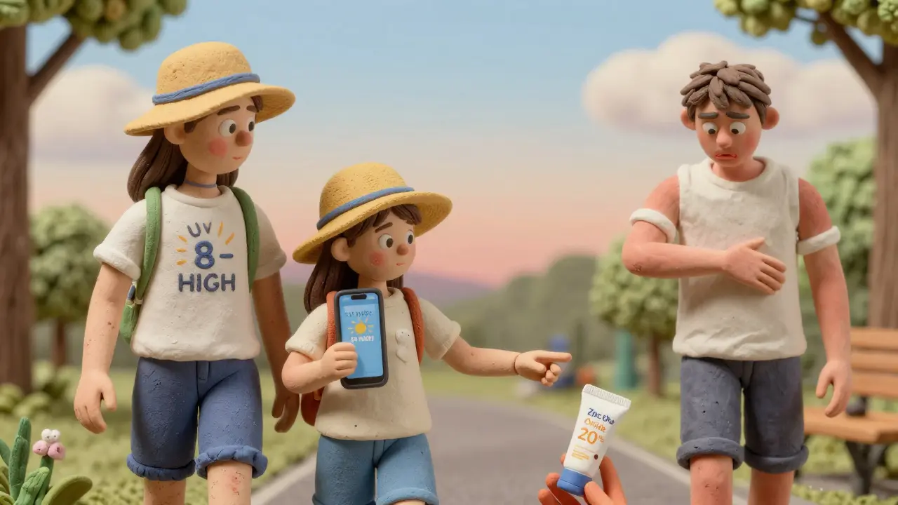 Family walking in park wearing sun-protective gear, checking UV app, one holds zinc oxide sunscreen.