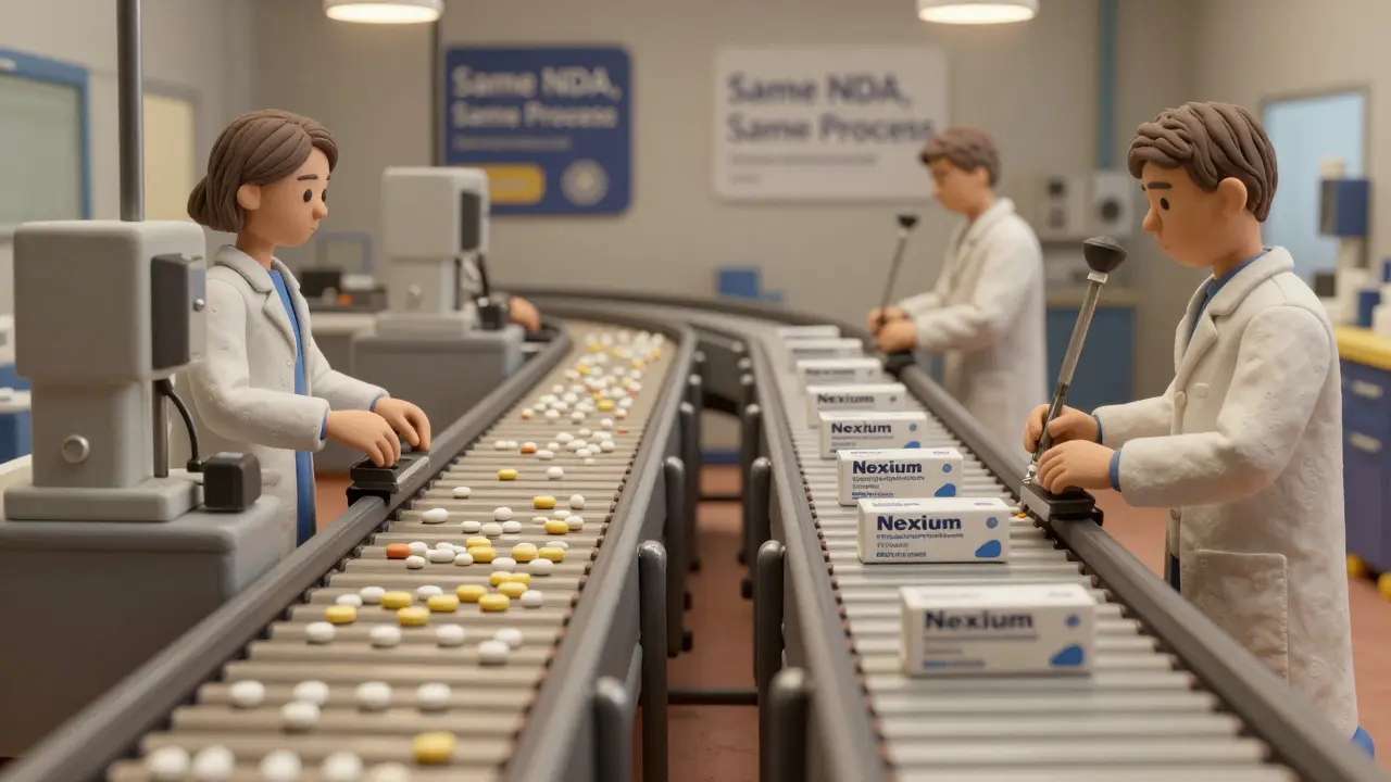 Identical pill production lines side by side, same machines and workers, branded and generic versions.