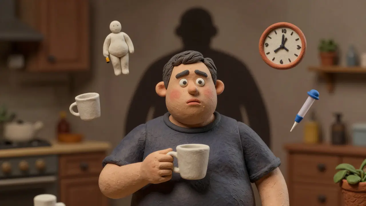 Overweight man over 50 with GERD risk factors, shadow of cancer behind him.