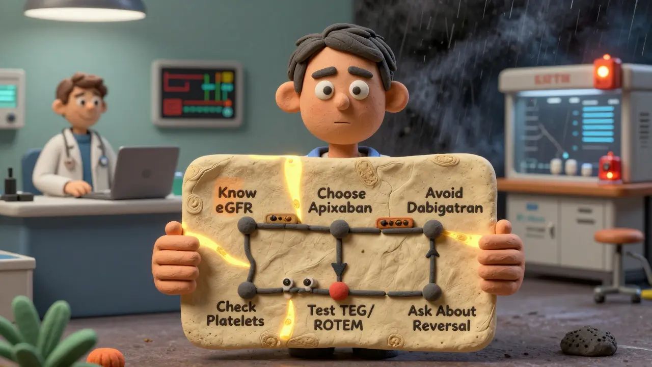 Patient holding a clay roadmap with six steps to safe anticoagulation, calm clinic vs stormy ER in background.