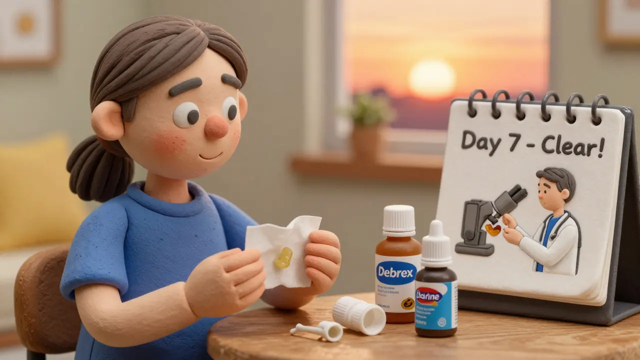 Patient smiling with softened earwax on tissue, surrounded by ear drop bottles and medical tools.