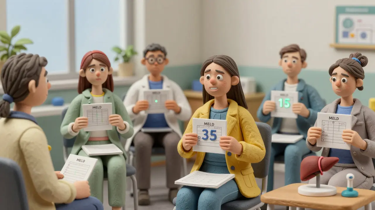 Patients in a clinic waiting room holding MELD score cards, showing different levels of hope and anxiety.