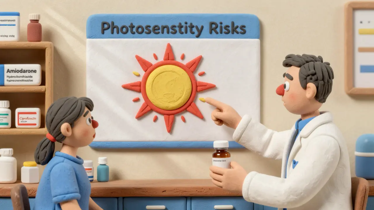 Pharmacist explaining photosensitivity risks using a sun icon chart with common medications on display.