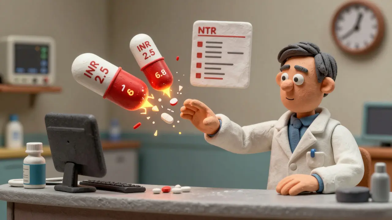 Pharmacist startled as a combined NTI pill shatters into blood test warnings.