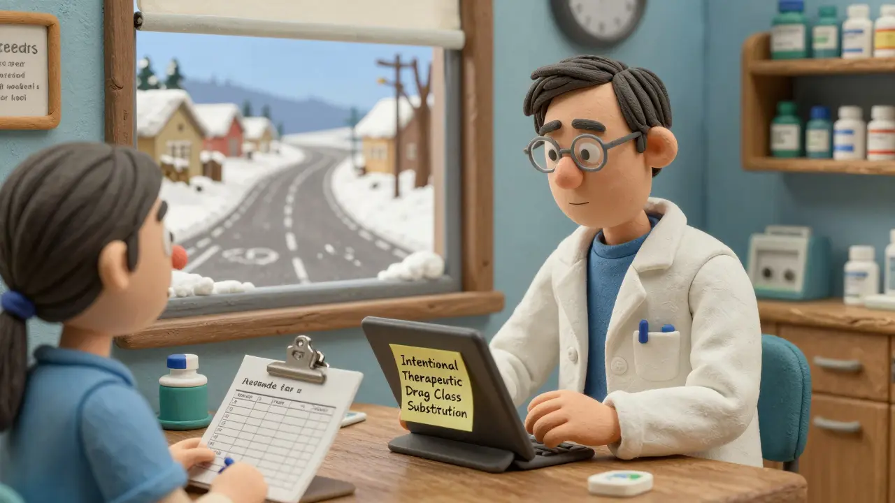 Rural pharmacist documenting an insulin substitution on a tablet with patient lab results visible, clay texture style.