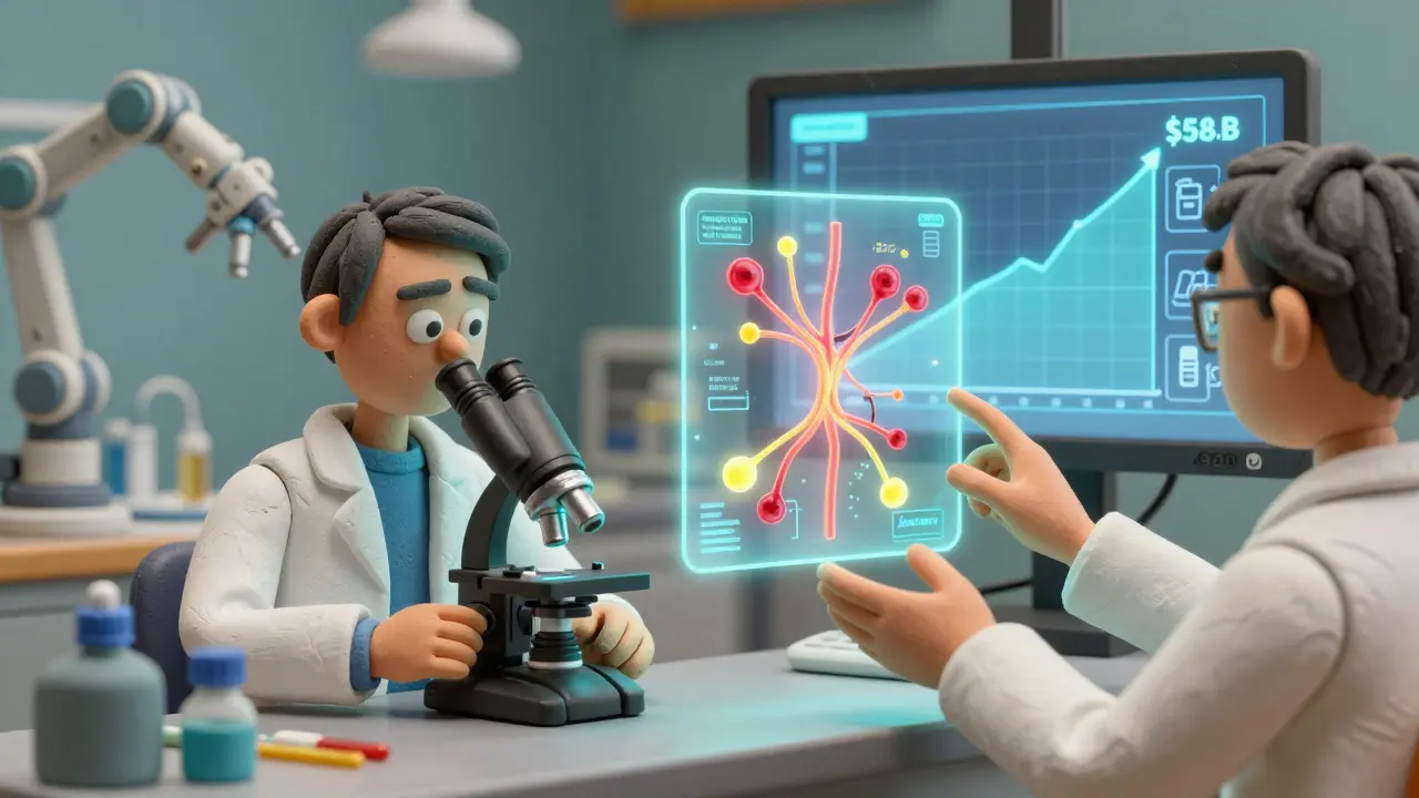 Scientists analyzing pain biomarkers in a lab, with holographic data showing growth in non-opioid treatments and the new drug Journavx.