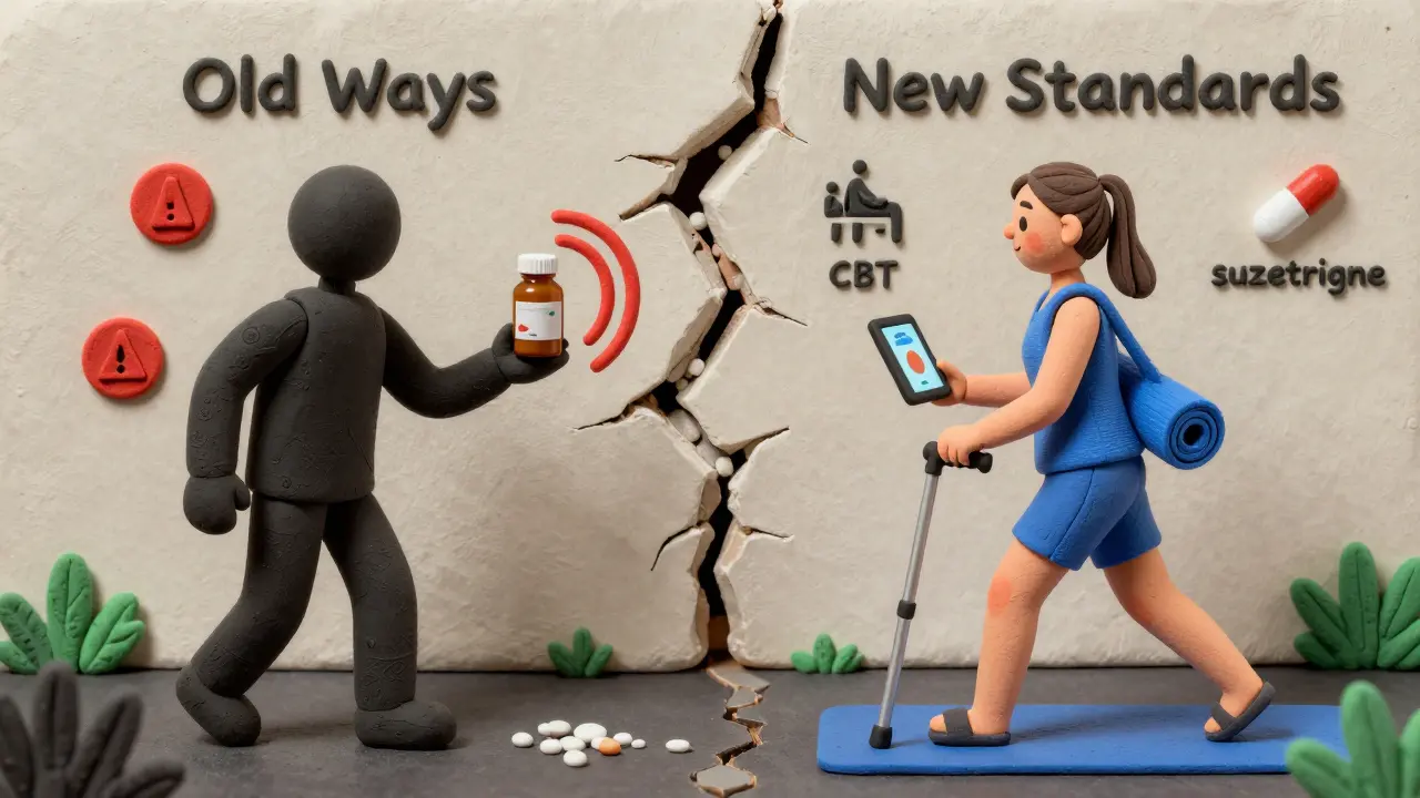 Split image: shadowy opioids on one side, active patient using CBT and exercise on the other, symbolizing a shift in pain management.