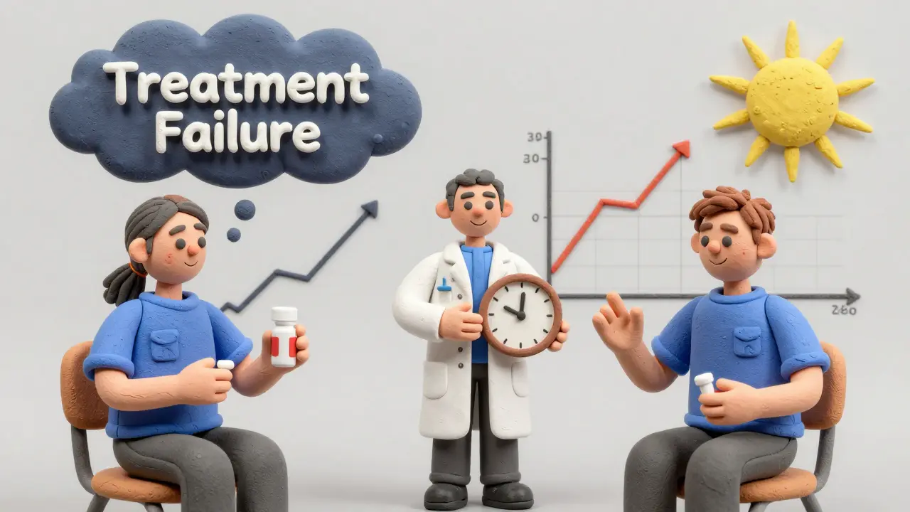 Split scene: failed HIV treatment vs. properly timed meds, with a pharmacist guiding the patient toward safer use.