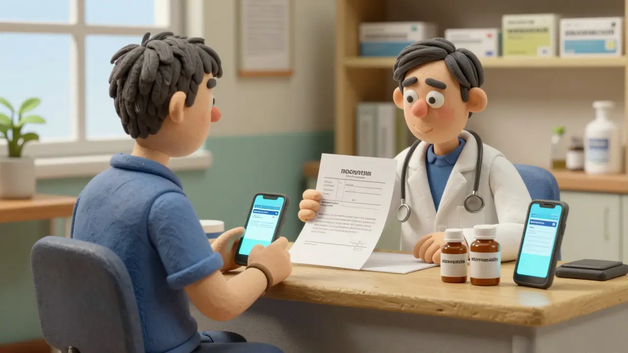 Traveler and doctor reviewing a prescription letter and medication bottles in a clinic.