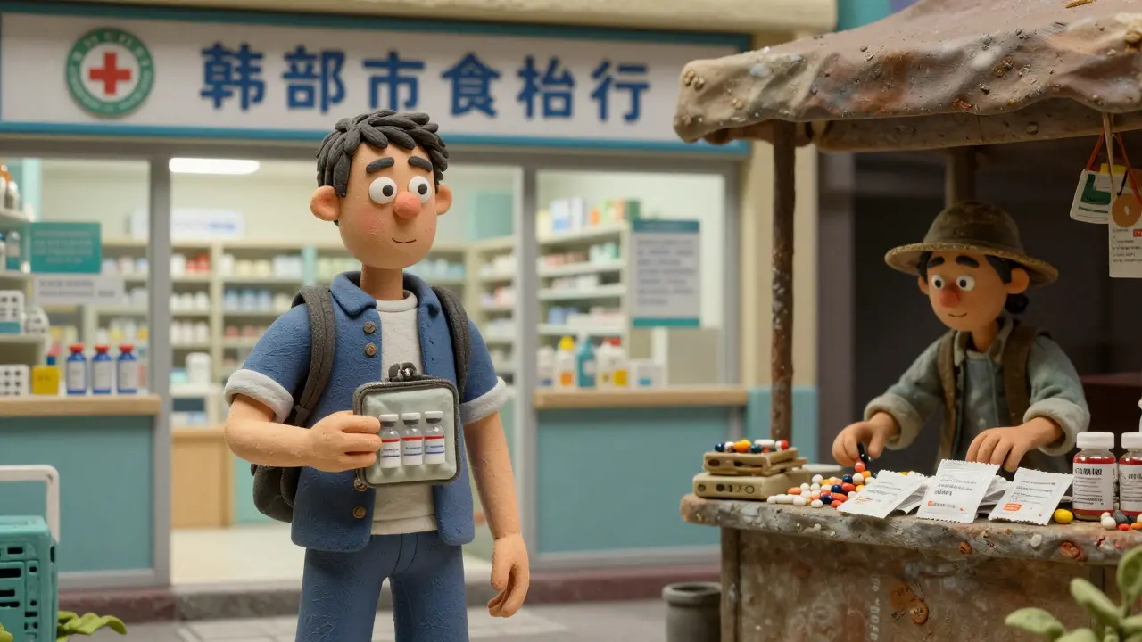 Traveler holding insulin pouch outside a licensed pharmacy, contrasting with a shady street vendor.