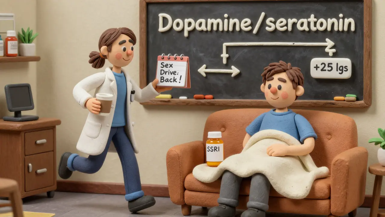 Two patients in a clinic: one active and alert, the other tired and weighed down, representing differing antidepressant side effects.