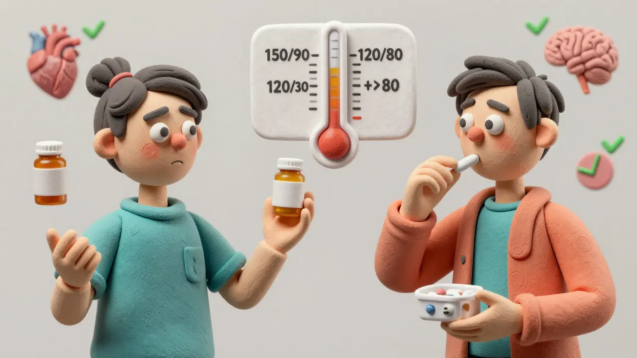 Two patients side by side: one struggling with multiple pills, another taking one pill with improved blood pressure reading.