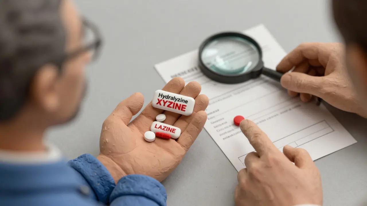 Two similar pills side by side with bolded differences highlighted by a magnifying glass.