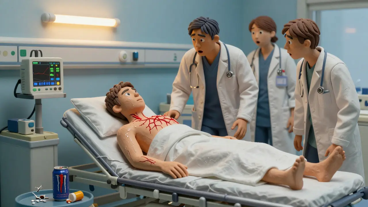 Young adult in ER with heart monitor alarm, shattered energy drink and pill bottle on floor beside bed.