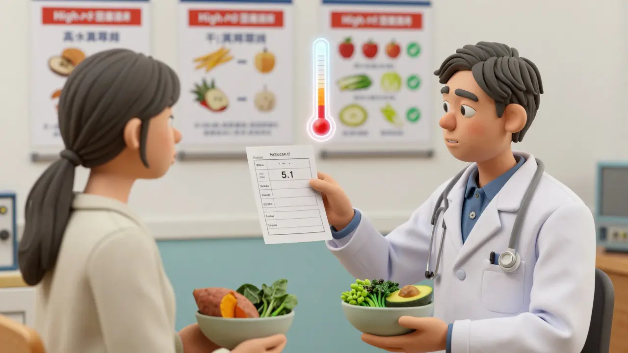 A doctor reviewing a blood test with a patient surrounded by high-potassium foods and safer alternatives.
