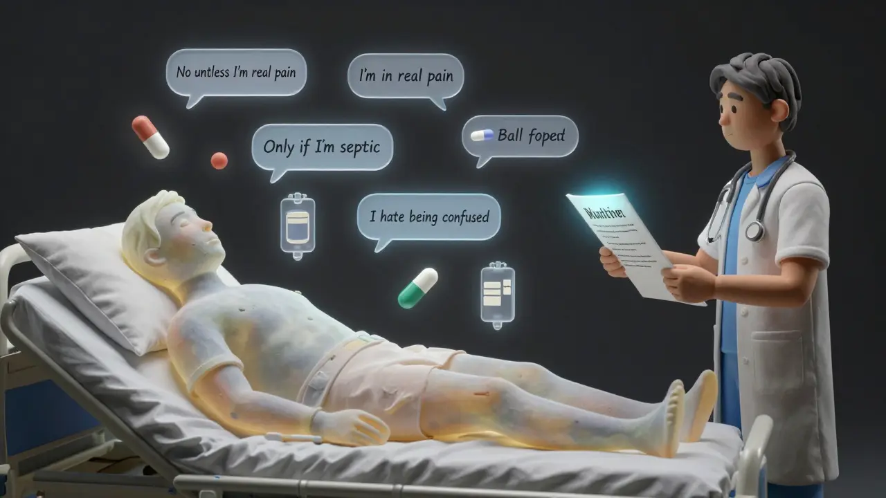 A patient's floating medication icons are guided by a trusted agent holding clear written wishes.