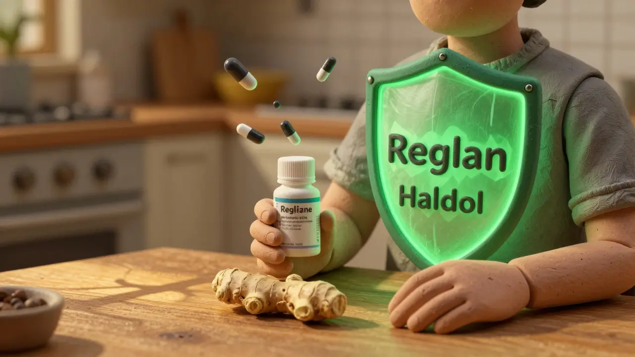 A patient holding ginger and cyclizine, protected from dangerous pills by a glowing shield in warm light.