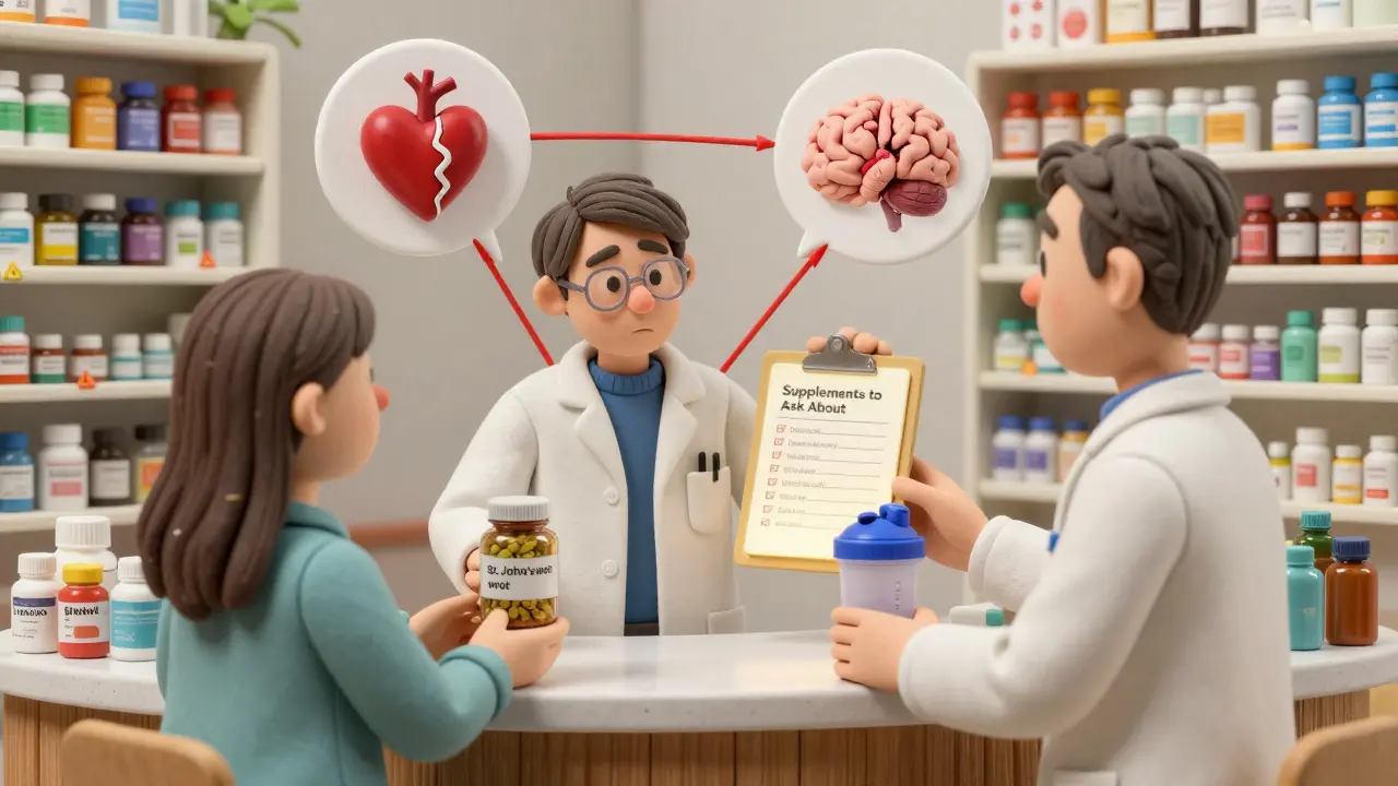 A pharmacist reviewing supplements at a pharmacy counter, with floating danger icons representing side effects.