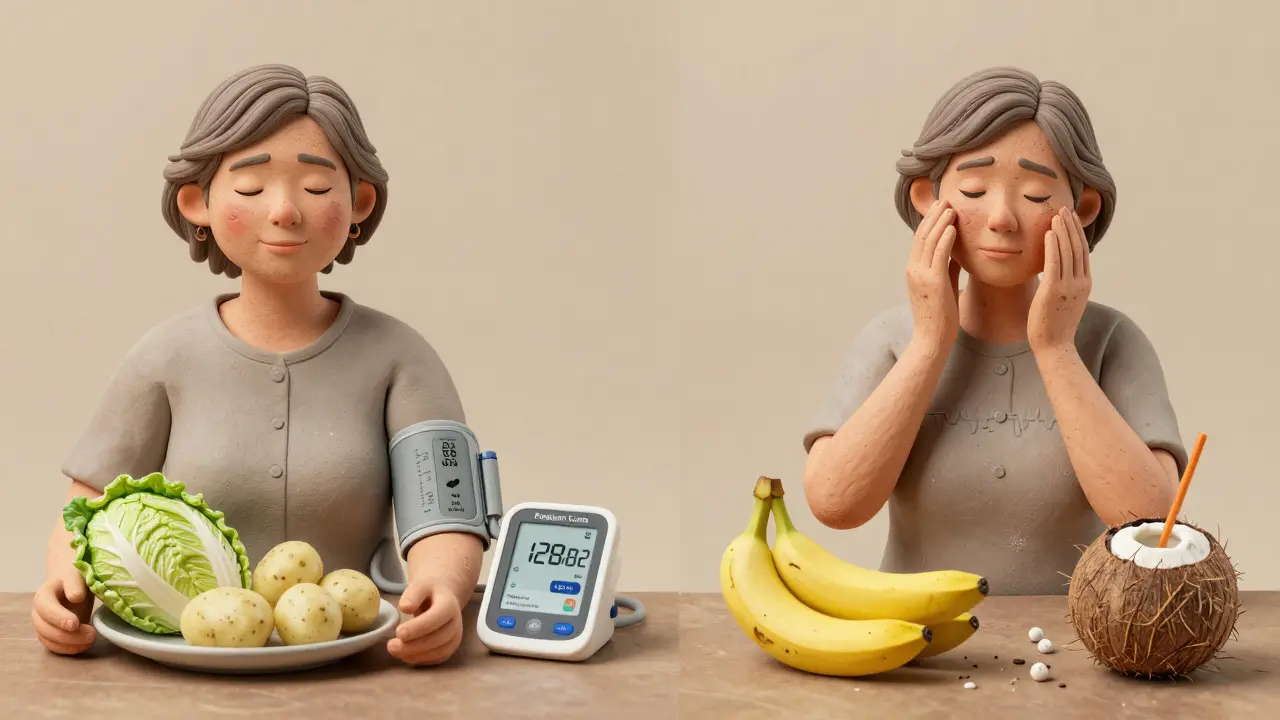 A split image showing a woman's health improvement after switching from high-potassium to low-potassium foods.
