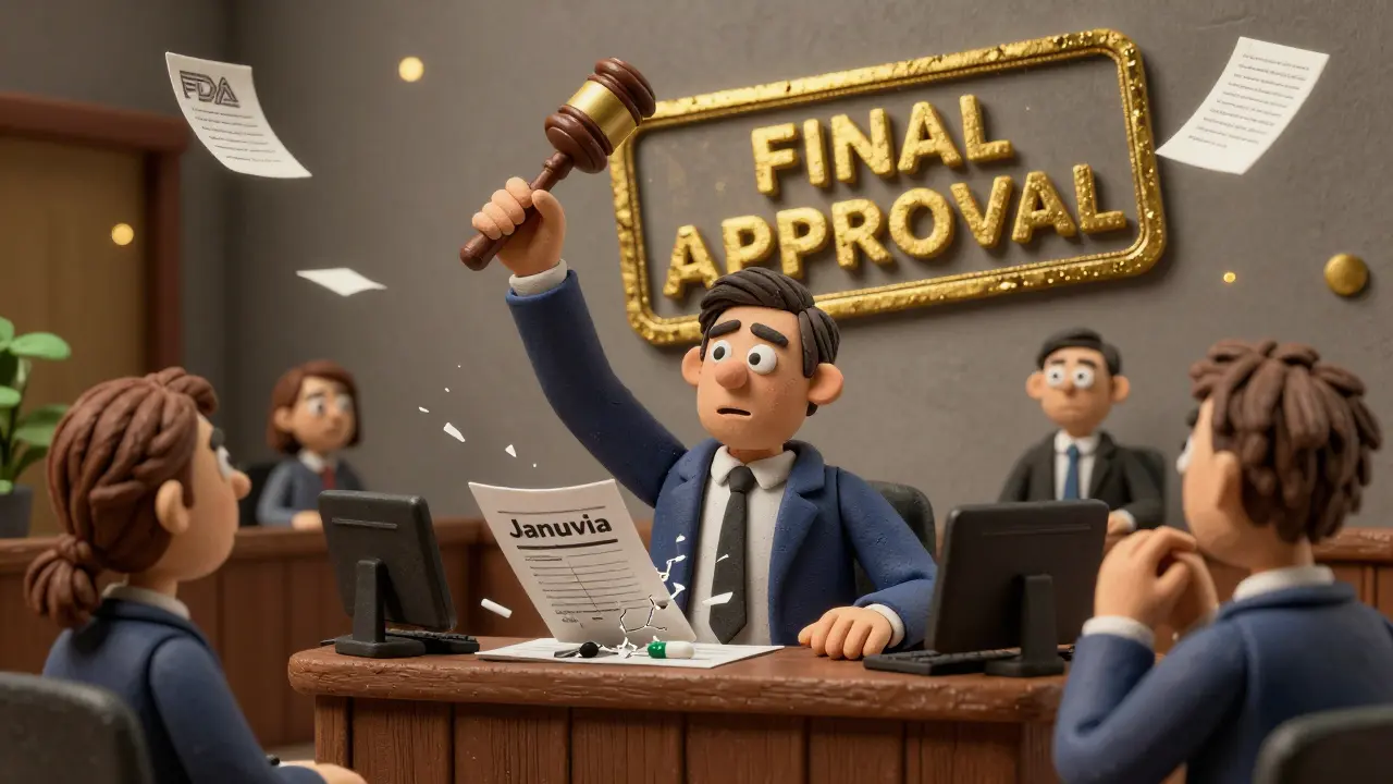 Lawyer holding gavel over shattered patent in courtroom, FDA final approval stamp glowing gold behind them.