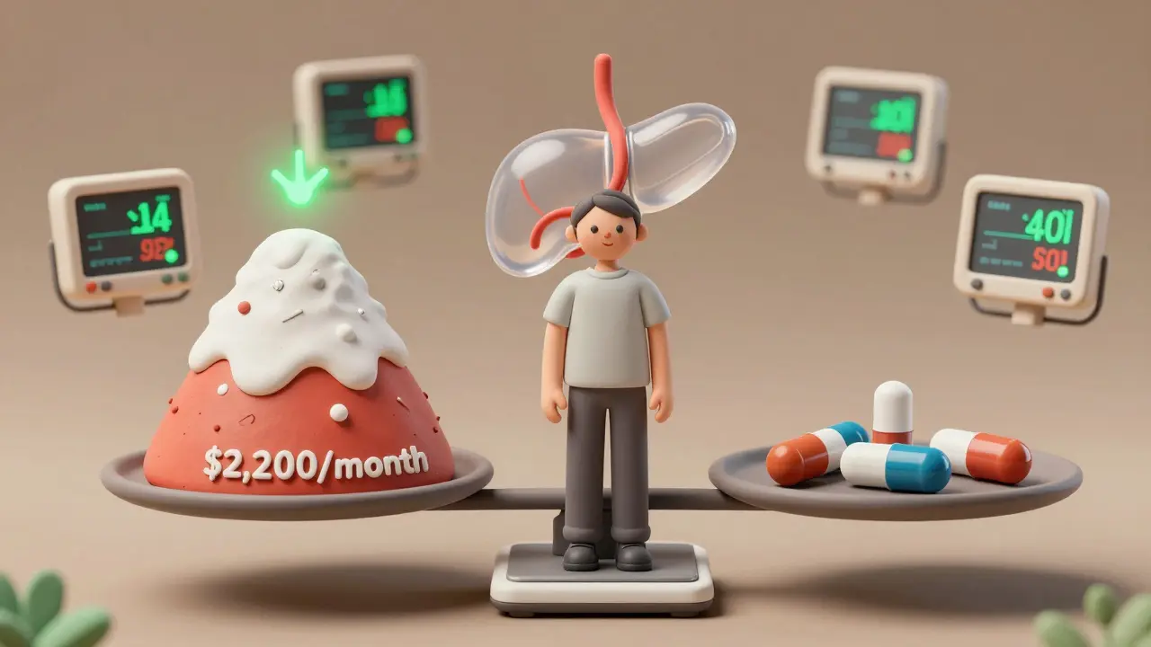 Patient balanced on a scale with giant brand-name pills vs. small generic pills and a floating organ above.