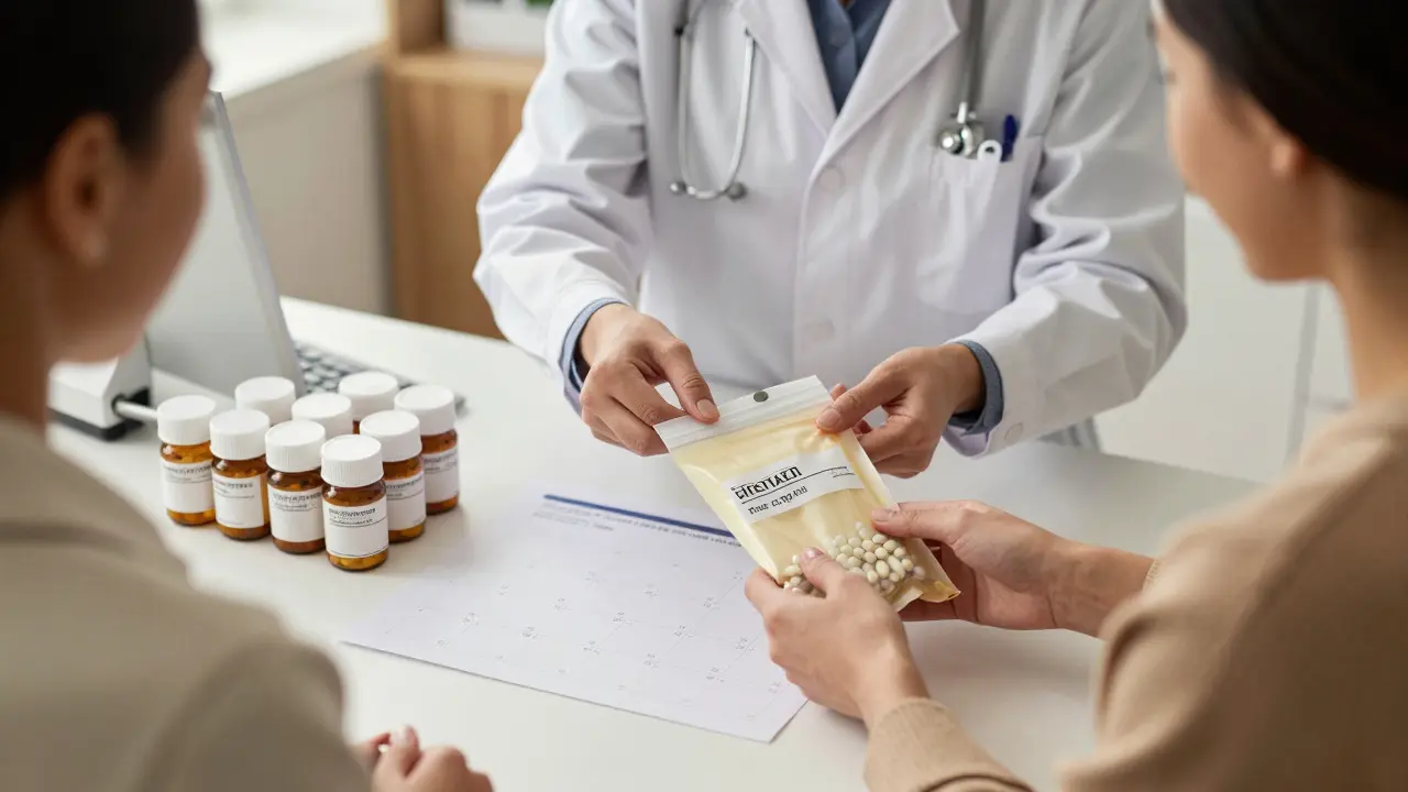Patients getting all medications in one bag during synchronized pharmacy pickup.