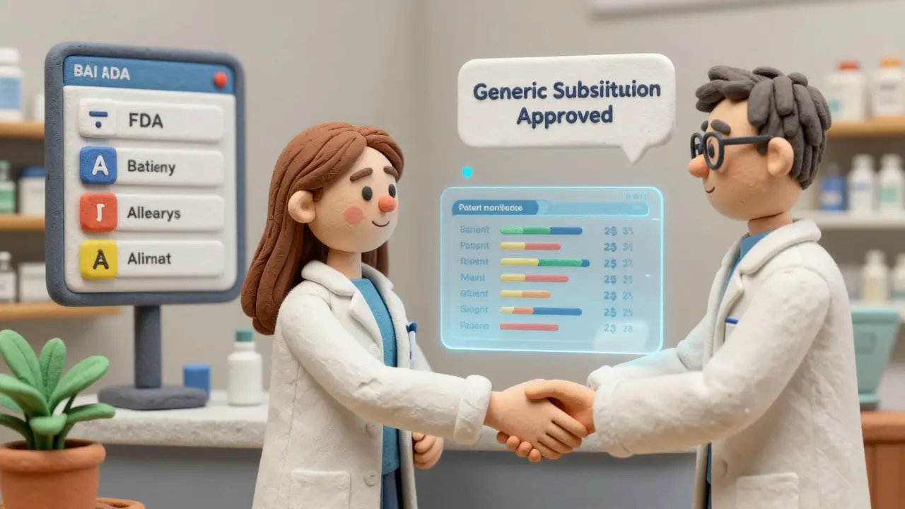 Pharmacist and prescriber collaborating via AI-powered dashboard showing patient safety data.