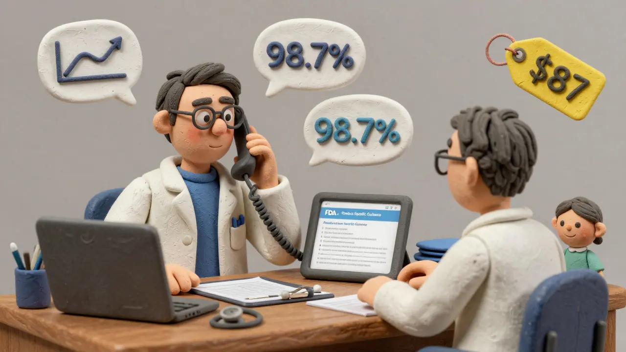 Pharmacist communicating with prescriber about generic substitution using data icons and cost savings.