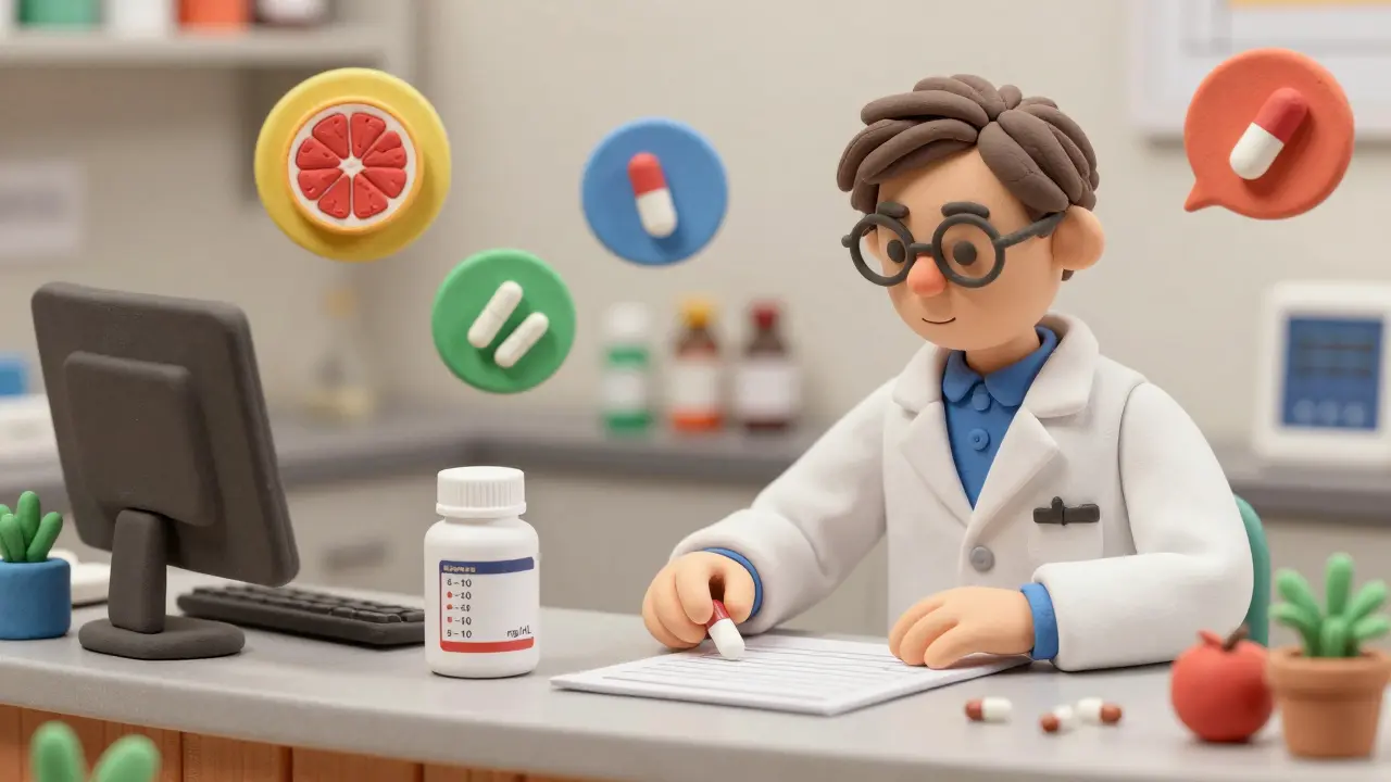 Pharmacist placing a generic pill next to a blood test chart with floating drug interaction hazards.