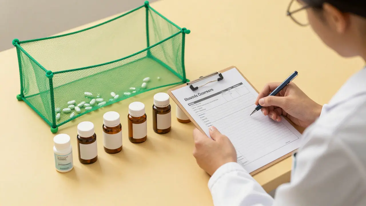 Pharmacist reviewing organized pills with green safety net symbol.