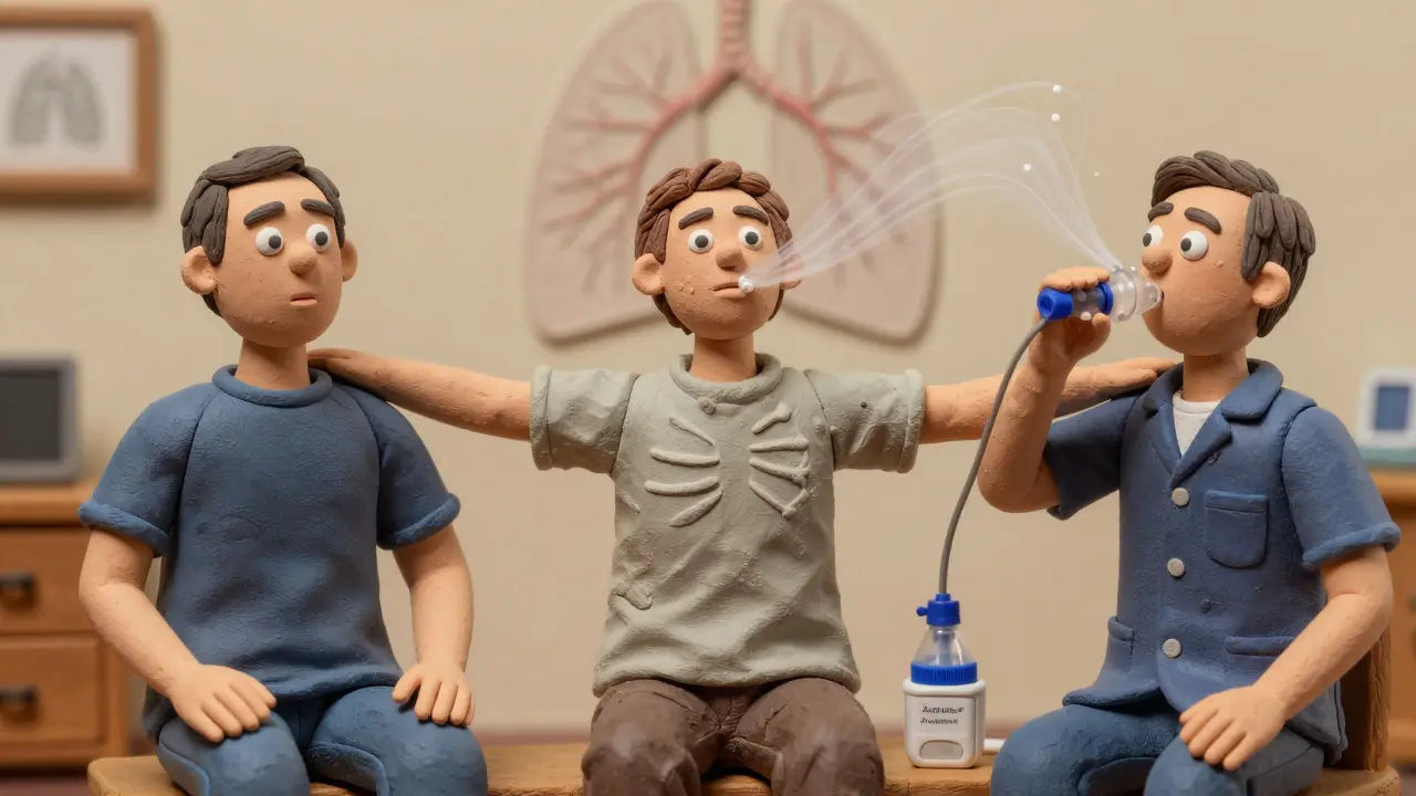 Respiratory therapist showing a patient how to perform huff coughing and chest expansion techniques.