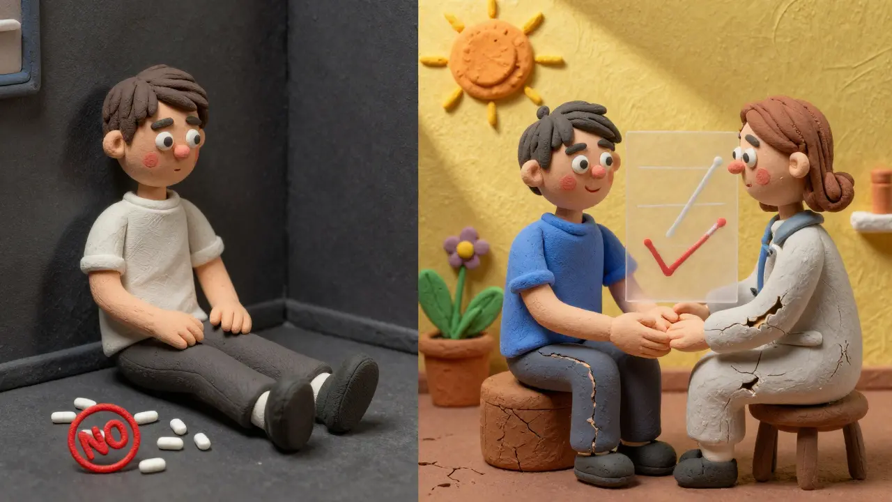 Split scene: teen isolated with pills vs. same teen supported by family and therapist, clay illustration.