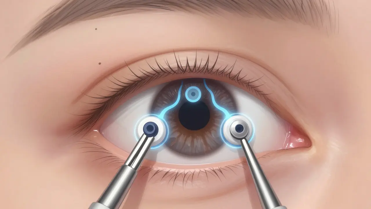 Tiny stents placed in the eye's drainage system during a MIGS procedure with glowing fluid flow.