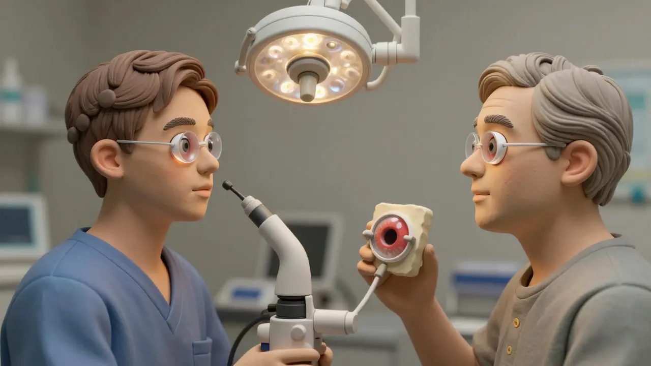 Two patients receiving different glaucoma surgeries: trabeculectomy and MIGS, with transparent eye models.