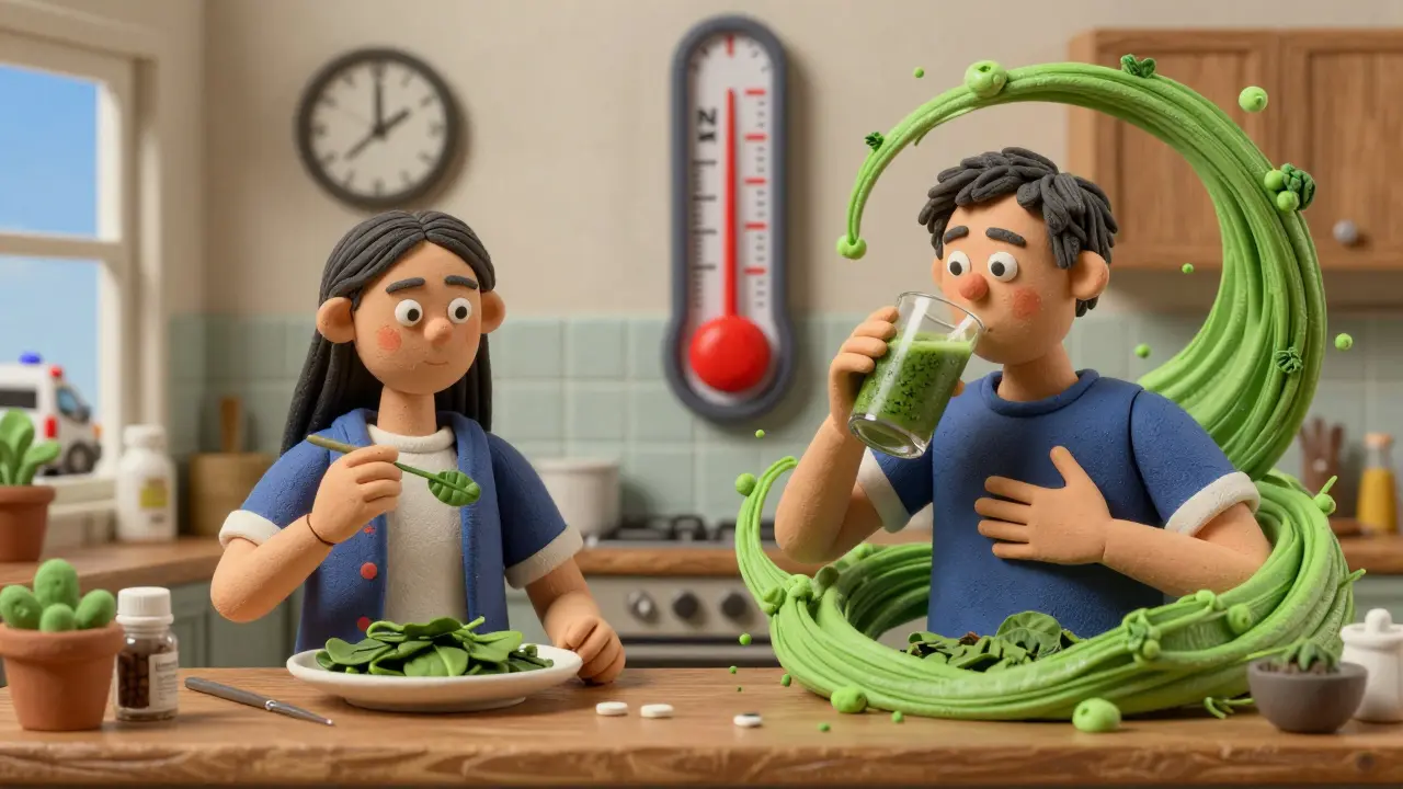 Two people in a kitchen: one eating consistent greens with medication, another overdoing kale, triggering a medical alert.