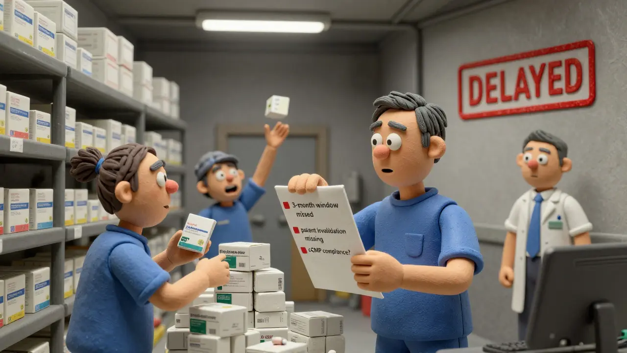 Warehouse workers packing pills with checklist errors, FDA inspector watching, one red 'DELAYED' stamp visible.