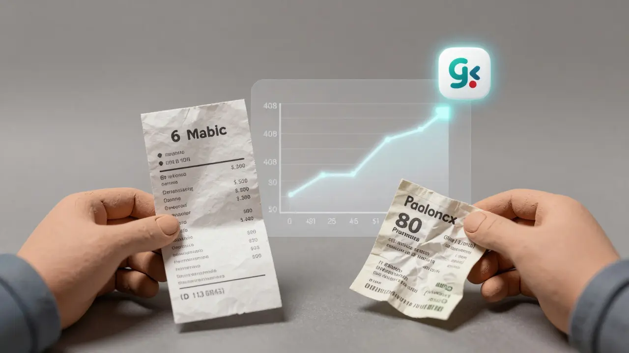 A patient holding a low-cost generic receipt beside a high-cost one, with a savings app glowing above.