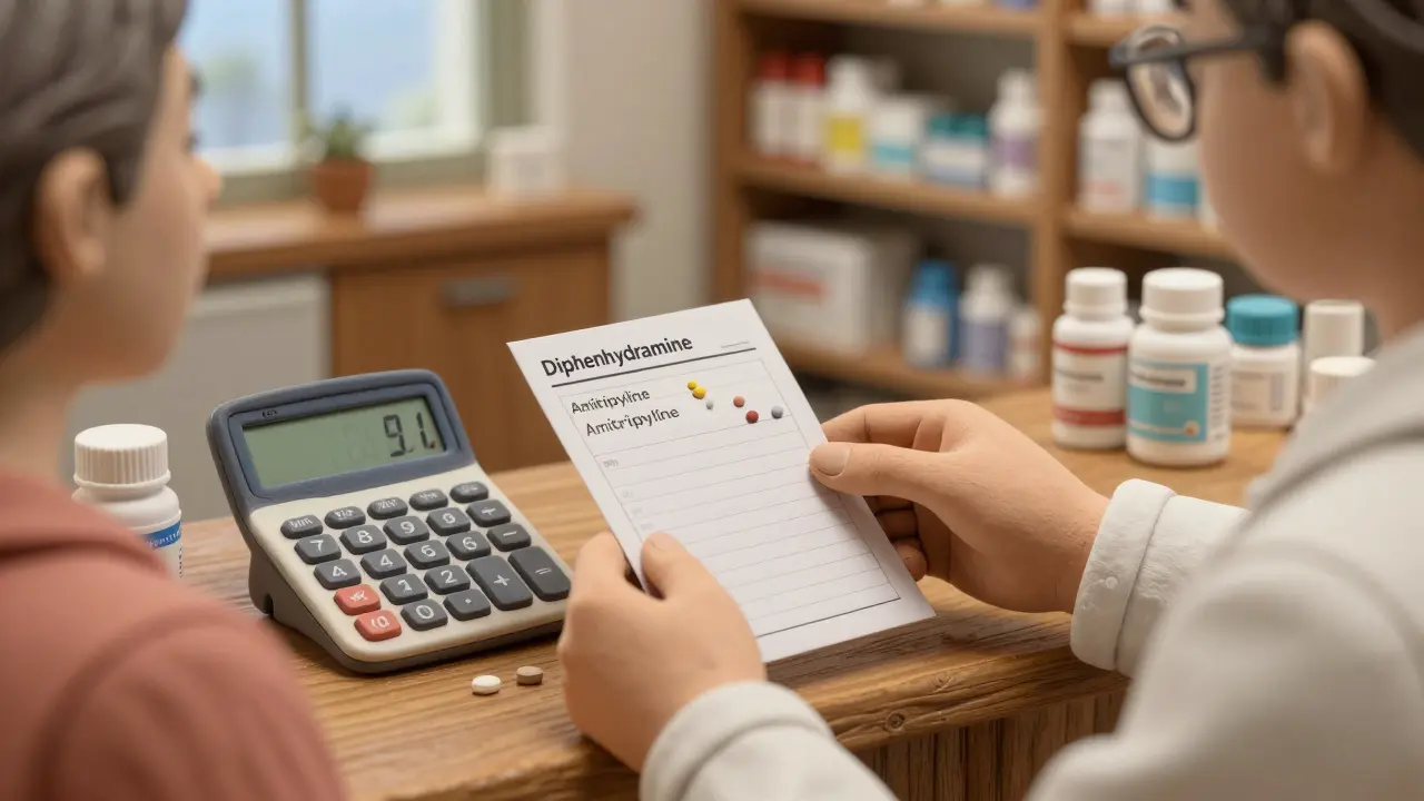 A pharmacist helping an elderly patient understand anticholinergic burden using a digital score calculator.