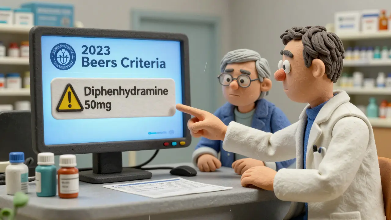 A pharmacist shows a senior and doctor a Beers Criteria alert on a pharmacy screen, highlighting unsafe drug warnings.