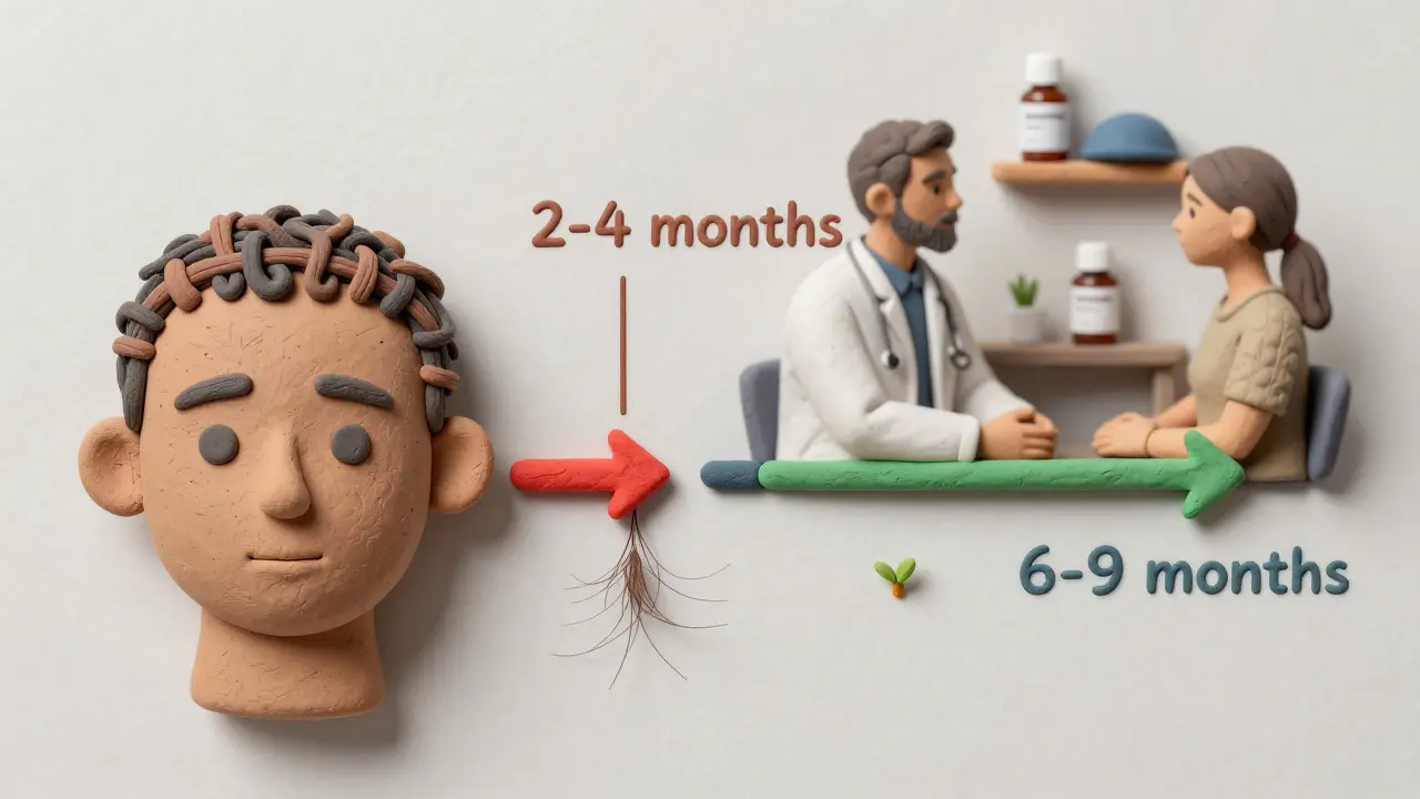 A scalp timeline showing hair loss and regrowth phases, with treatment tools visible.