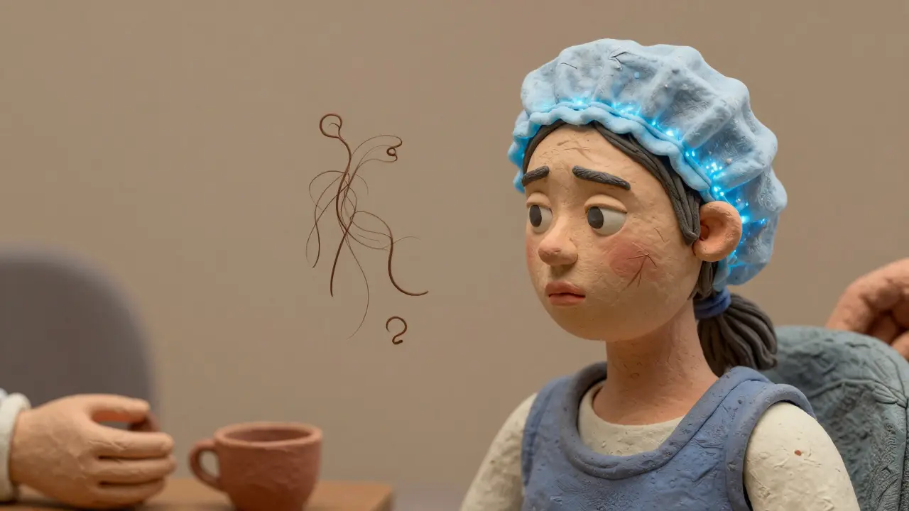 A woman using a scalp cooling cap during chemo, with hair regrowing around her.
