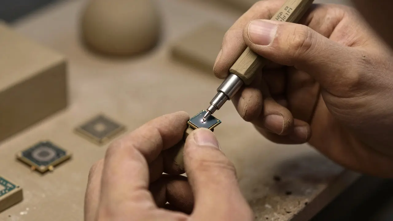 Clay figure inspecting a tiny metal part with high-precision tools