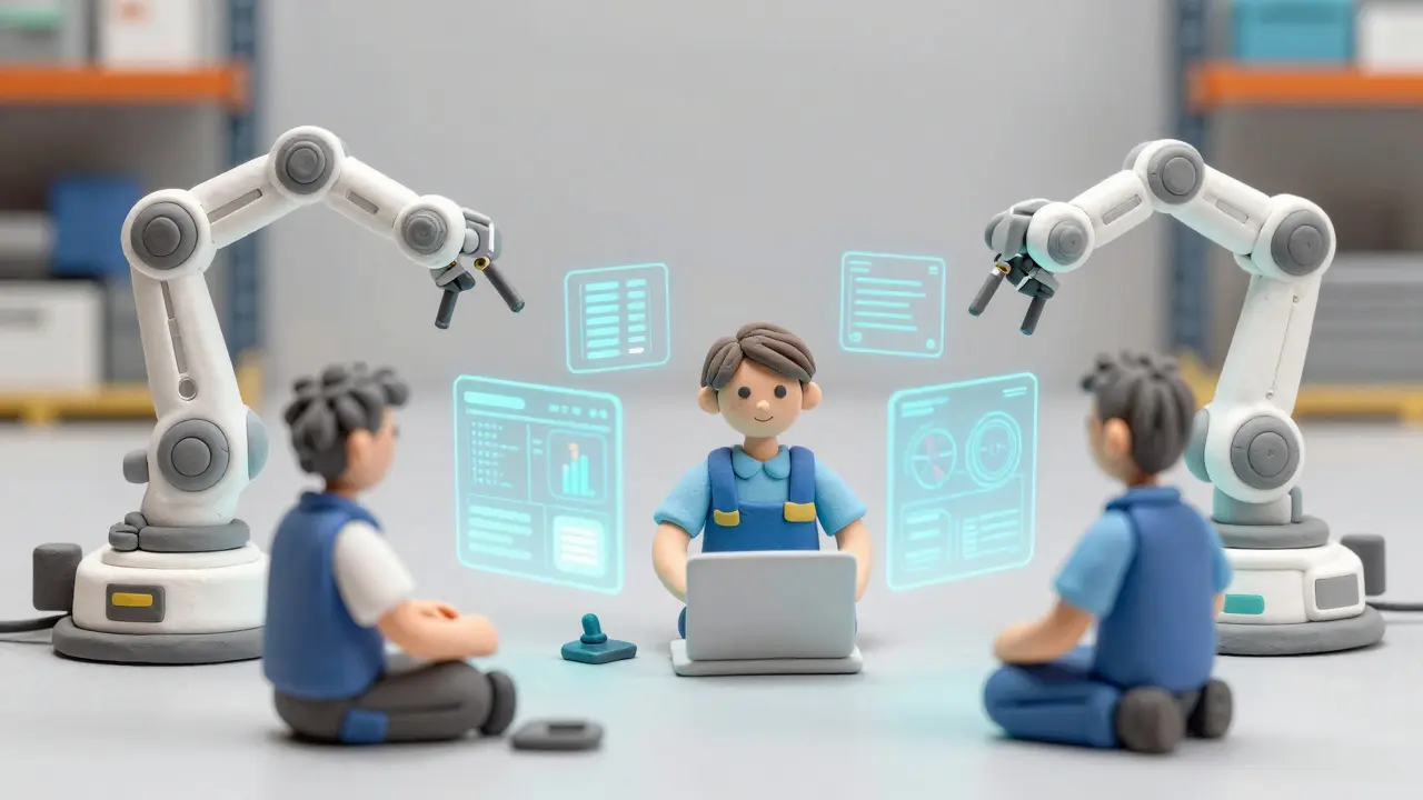 Clay workers collaborating with robotic arms in a modern factory setting