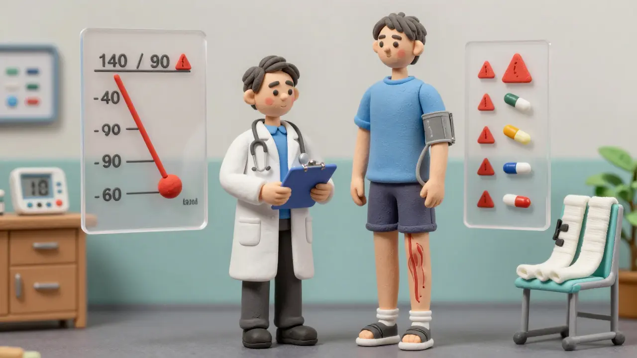Doctor and patient in clinic with blood pressure graph and medication warning icons.