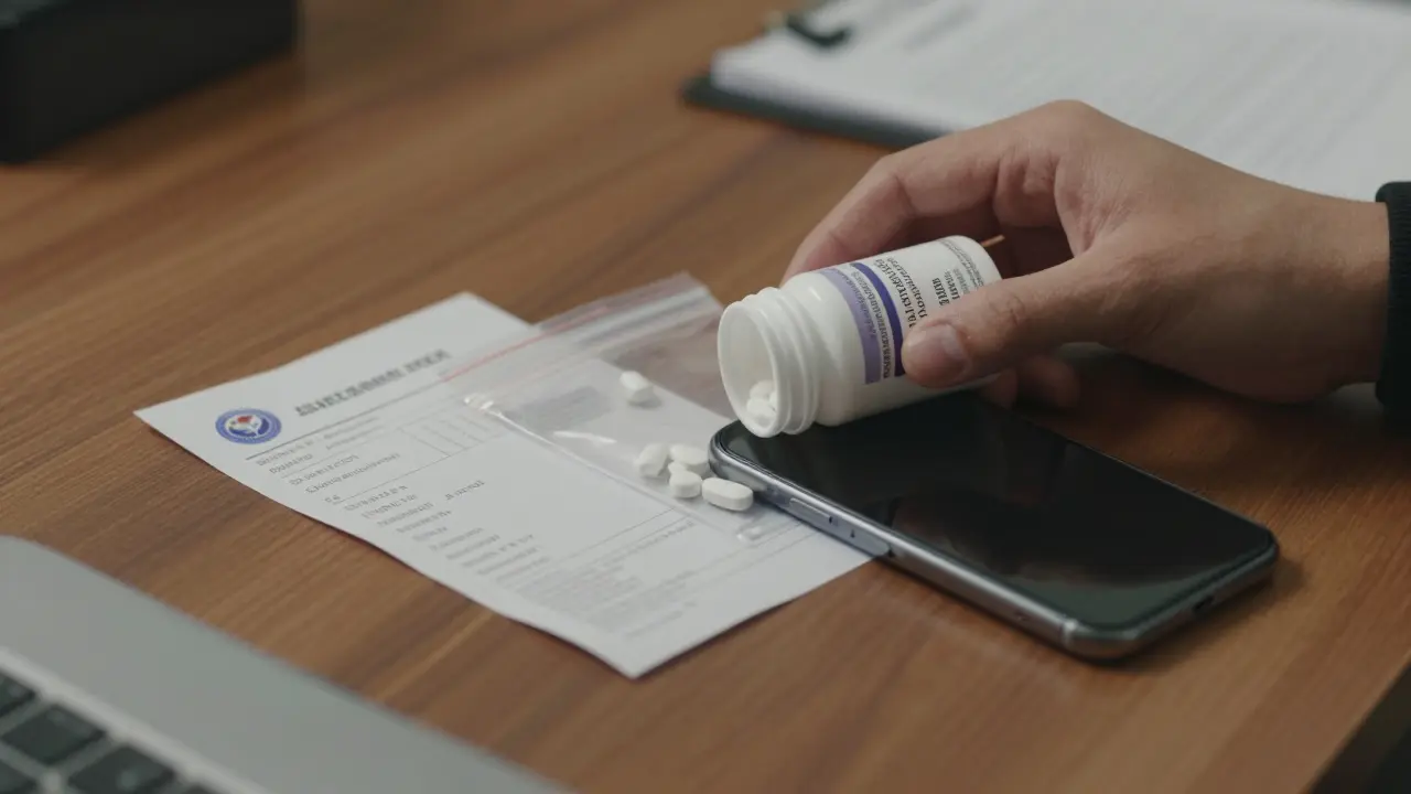 Evidence bag containing pill bottle, receipt, and smartphone showing mismatched medication photo.
