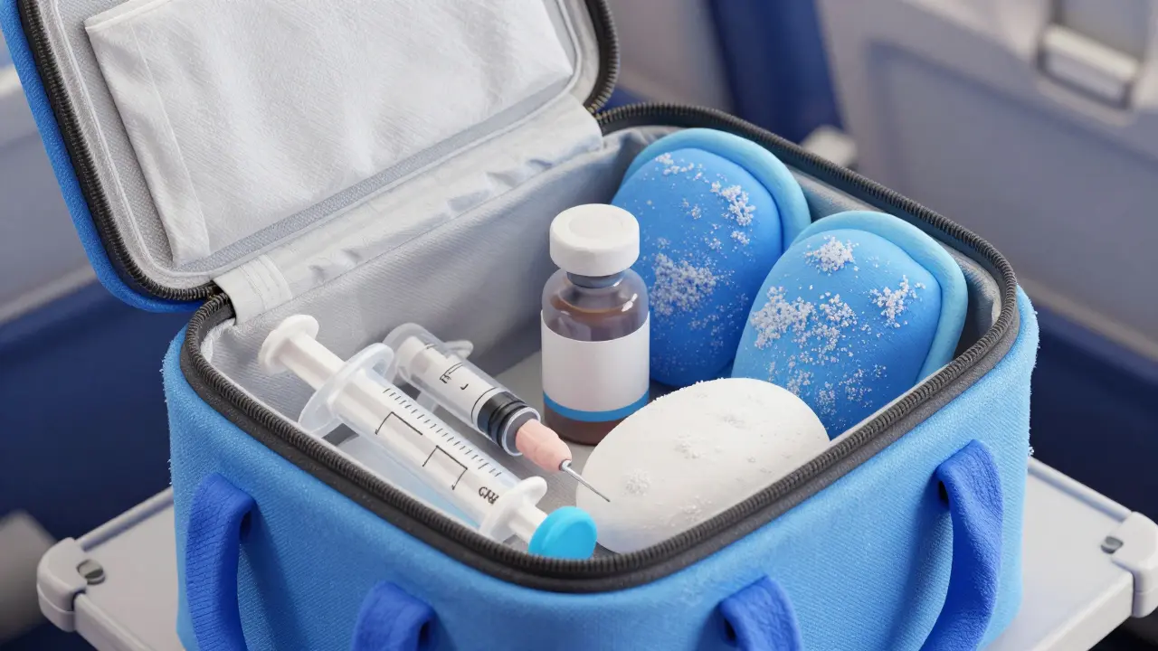 Insulated cooler bag with frozen gel packs for medication